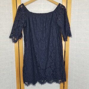 DO+BE Lace Mini Dress Size Small Off-Shoulder Navy Blue Lined Scalloped Hem